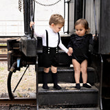Black Velvet Ruffle Romper With Ivory Accents
