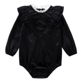 Black Velvet Ruffle Romper With Ivory Accents