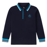 Navy Long Sleeve Polo With Bright Blue and White Accents