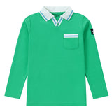 Green V-Neck Long Sleeve Polo With White and Blue Accents