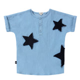 Denim Mandarin Shirt With Star Patches