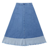Denim Colorblock Maxi Skirt With Fray Detail