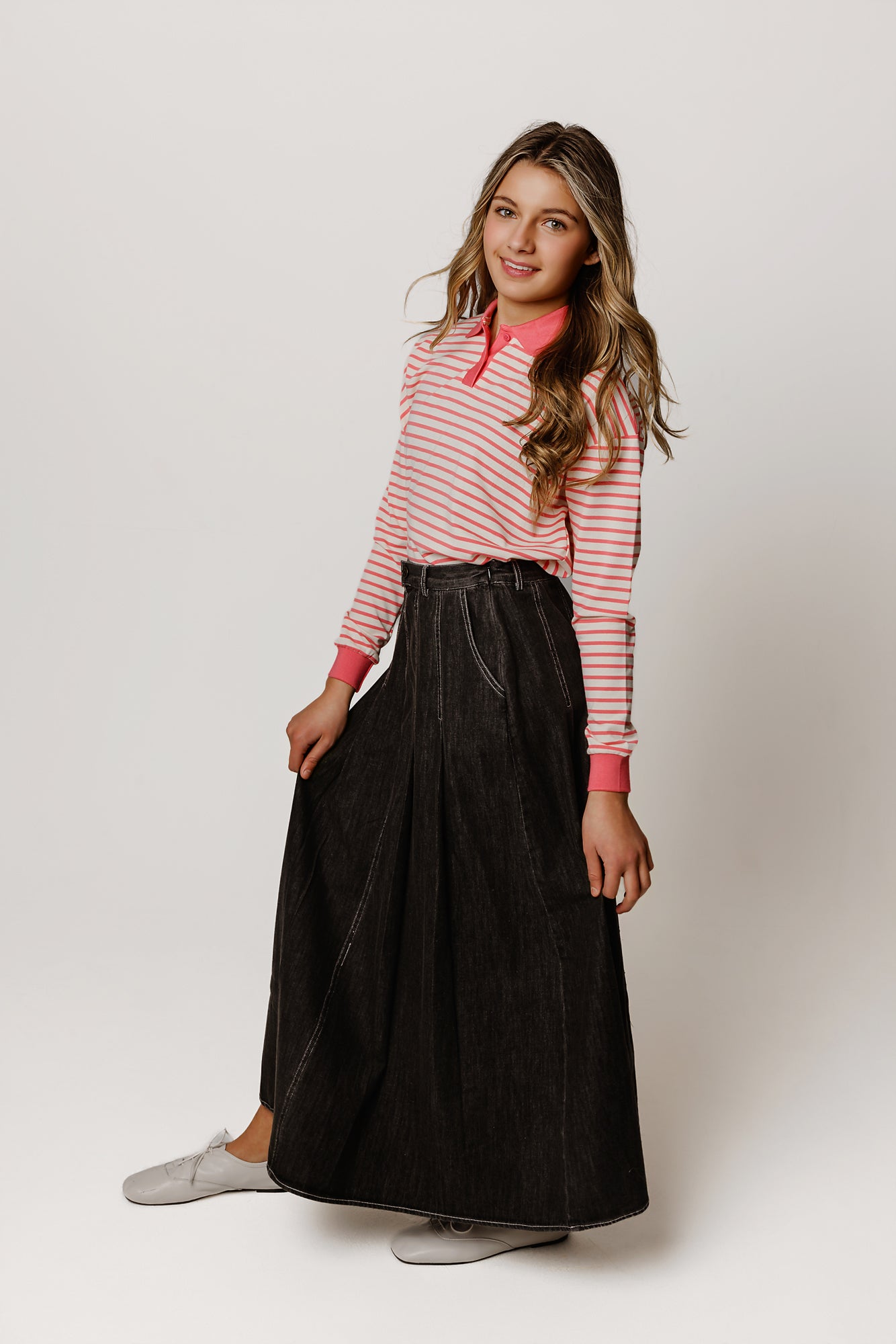 Black Pleated Denim Skirt