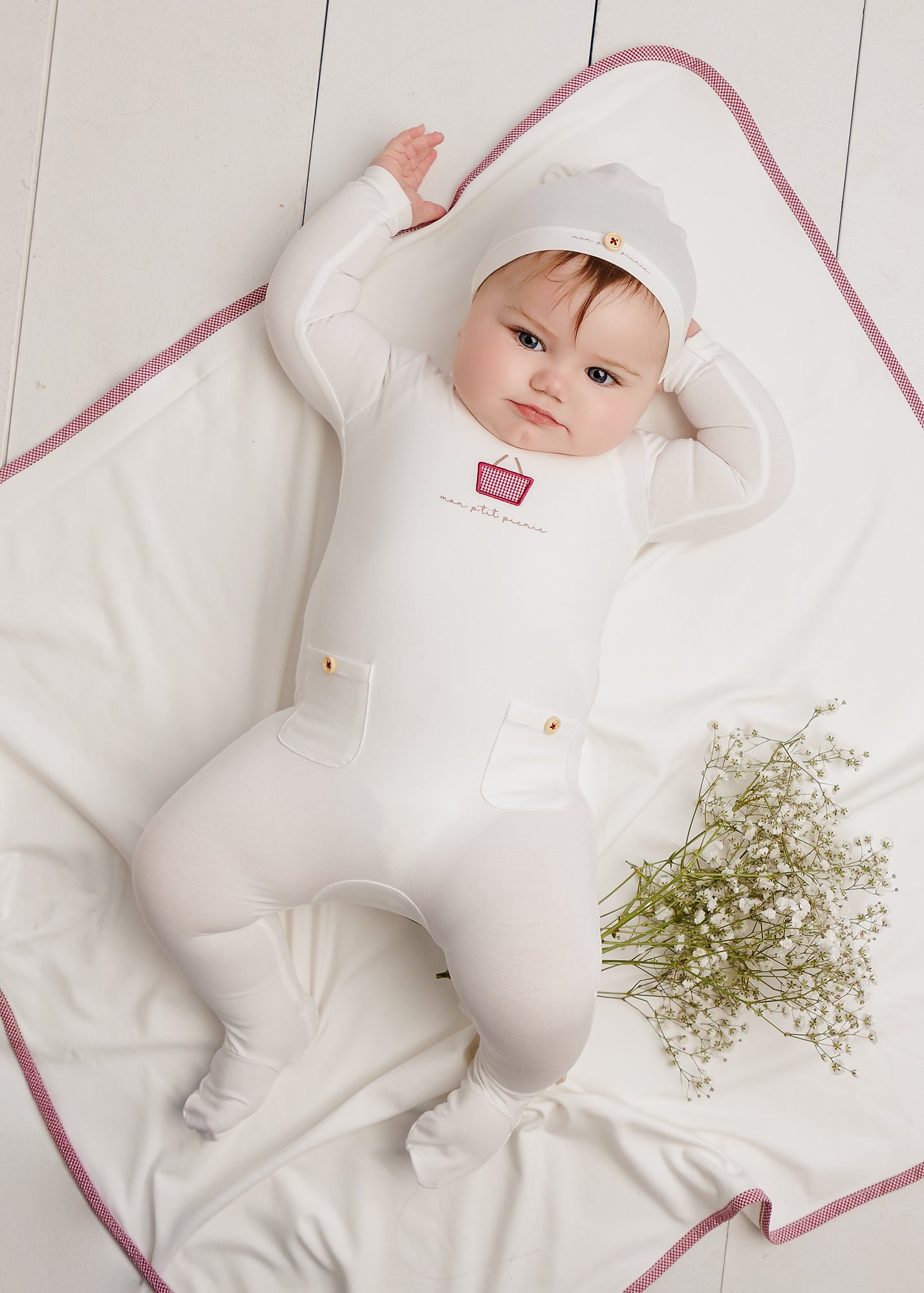 Ivory/ Red Gingham Footie