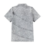 Grey Stretch Denim Short Sleeve Polo With Diagonal Seaming Detail