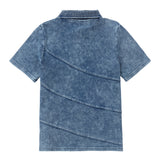 Medium Blue Stretch Denim Short Sleeve Polo With Diagonal Seaming Detail