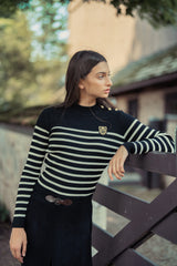 Teens Black & White Stripe Ribbed Knit Sweater with Button Detail