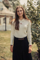 Teens Ivory Cable Ribbed Cable Knit Sweater with Red & Black Trim