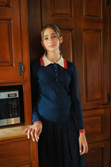 Teens Navy Knit Sweater with Red & Ivory Scalloped Collar