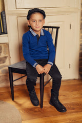 Boys Royal Blue Polo with Black & White Stripe Ribbed Trim