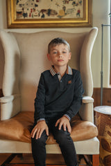 Boys Black Polo with Cognac & White Striped Trim