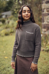 Teens Taupe Knit Turtleneck with Ivory Contrast Stitching