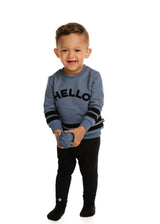 Blue Sweatshirt With Black Velvet "Hello" Detail