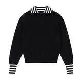 Teens Black Knit Sweater with Black & White Striped Trim