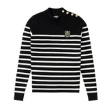 Teens Black & White Stripe Ribbed Knit Sweater with Button Detail