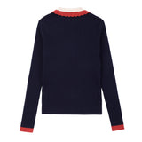 Teens Navy Knit Sweater with Red & Ivory Scalloped Collar