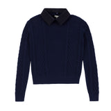 Teens Navy Knit Sweater with Removable Denim Collar