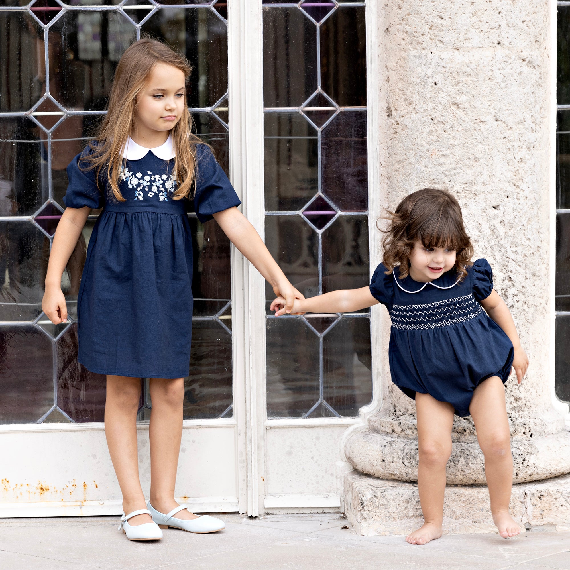 Navy Linen Dress With Embroidered Flowers
