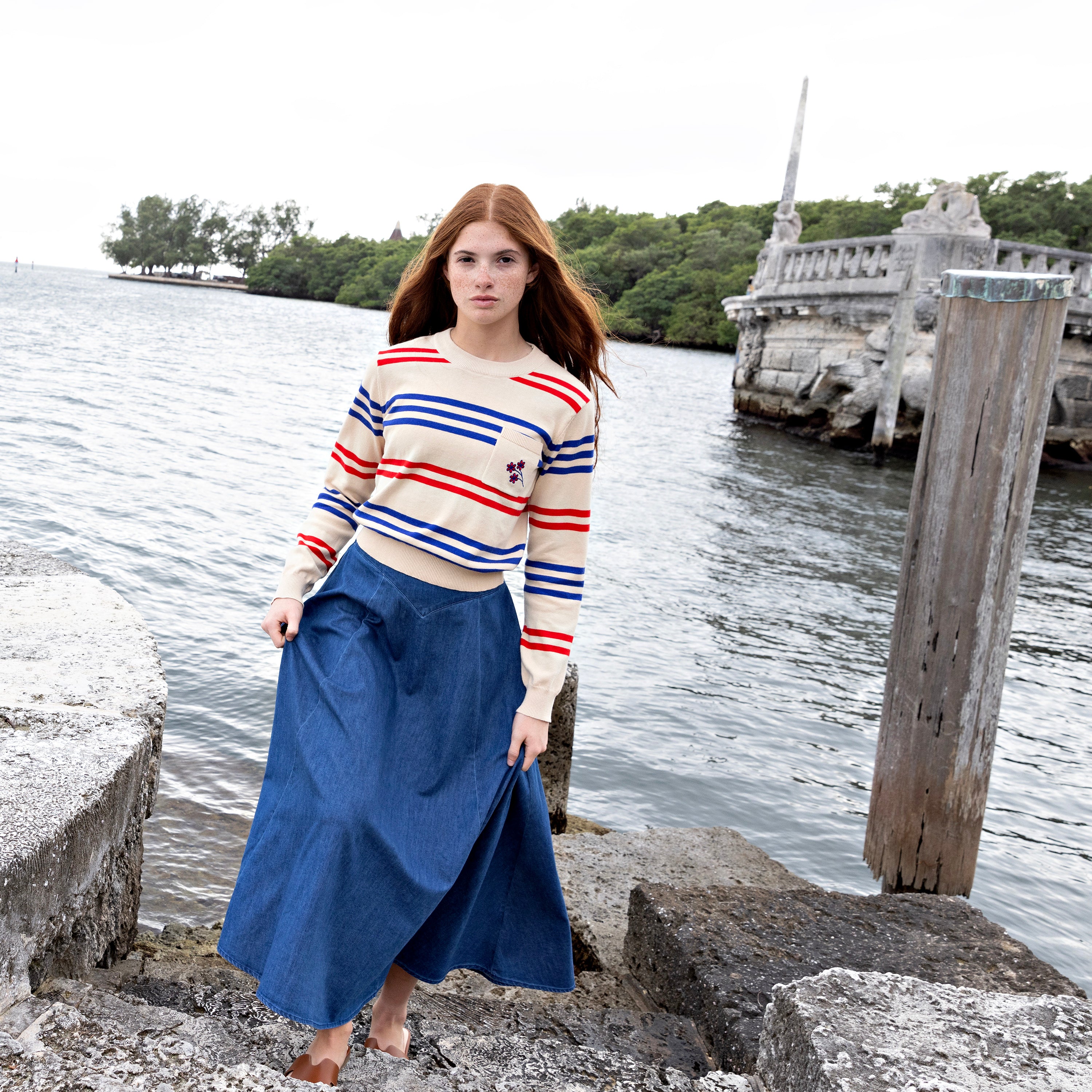 Tan Sweater With Royal Blue and Red Stripes