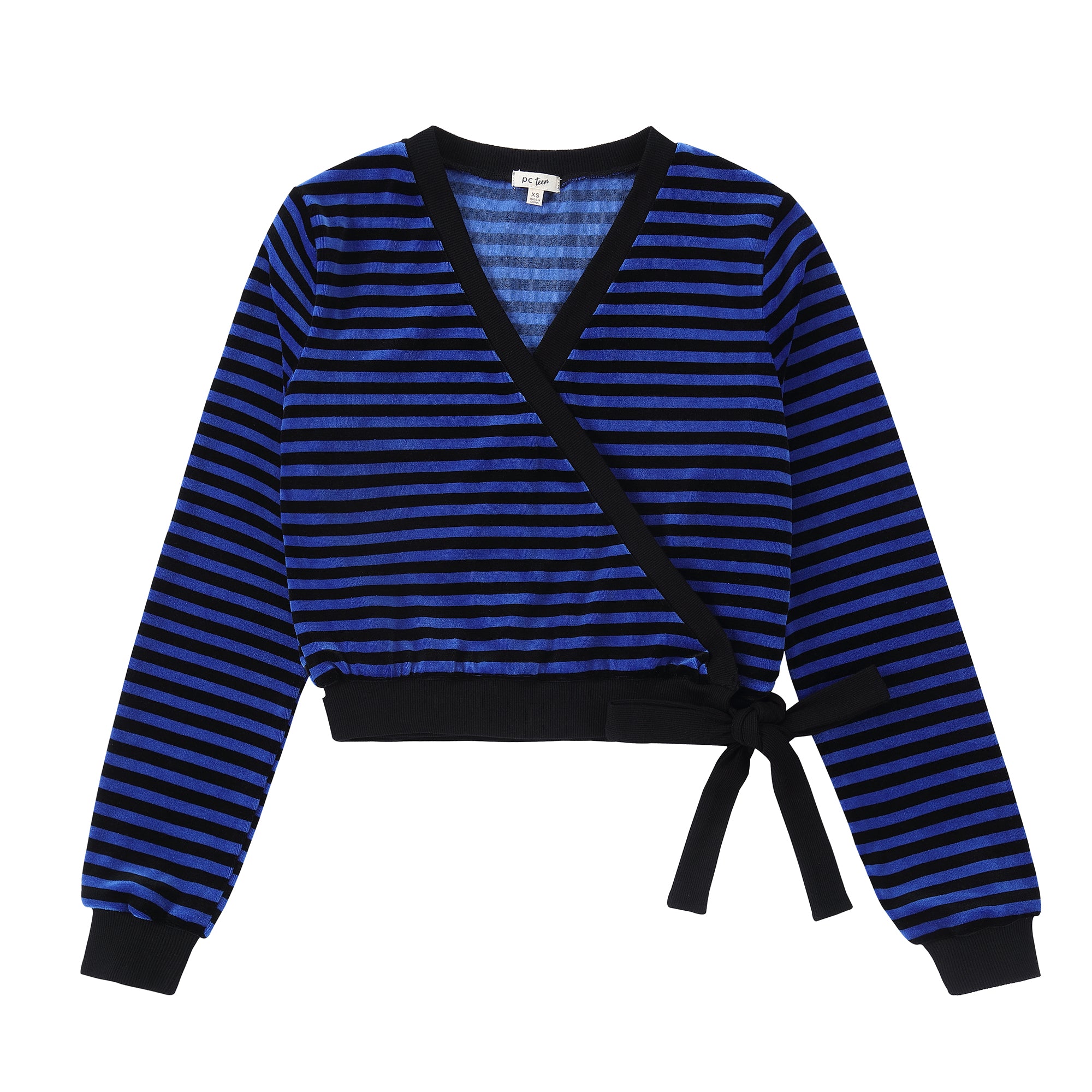 Royal Blue and Black Striped Velour Wrap Top
