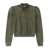 Green Wash Cropped Mock Neck With Puff Sleeves