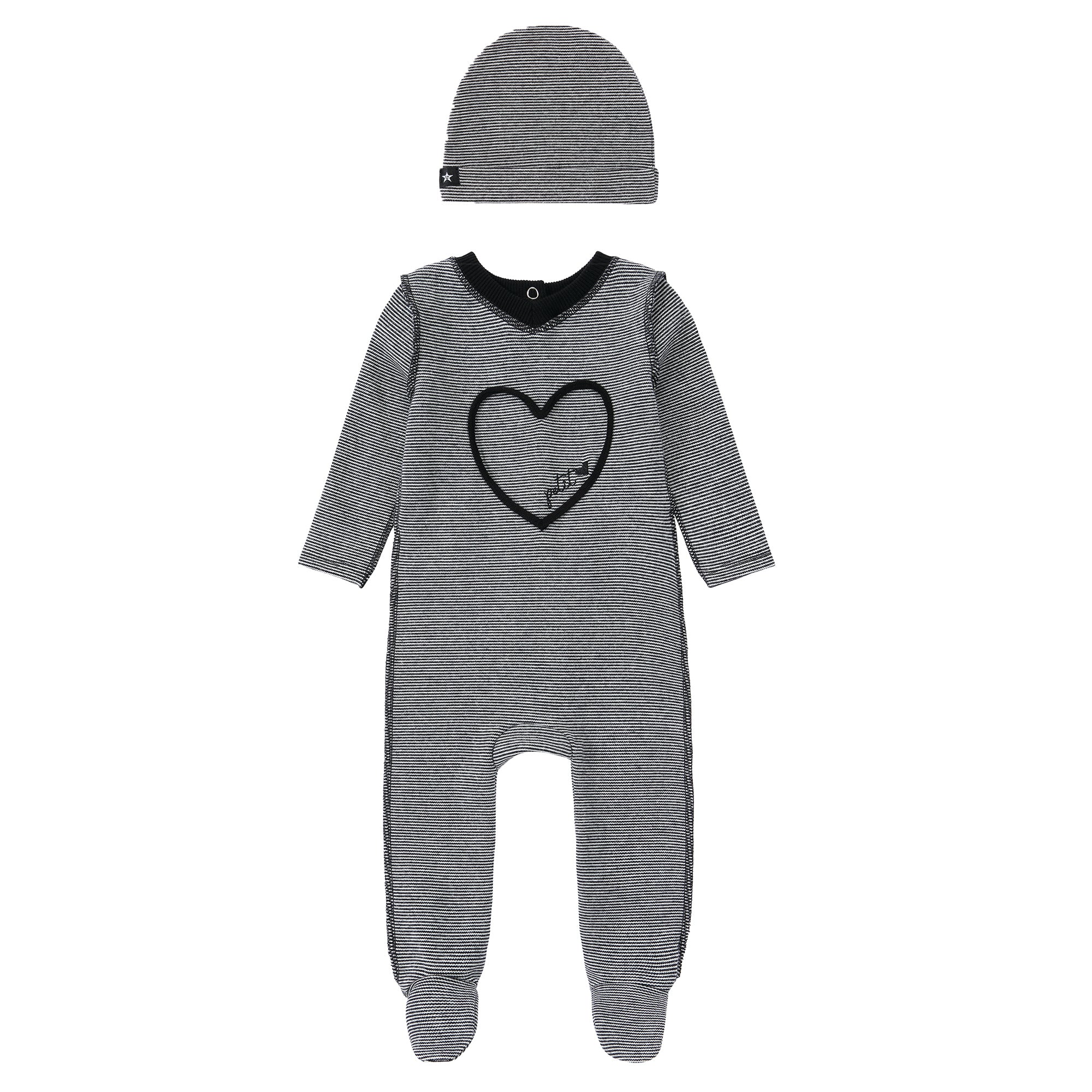 Black and White Striped Footie With Heart Detail