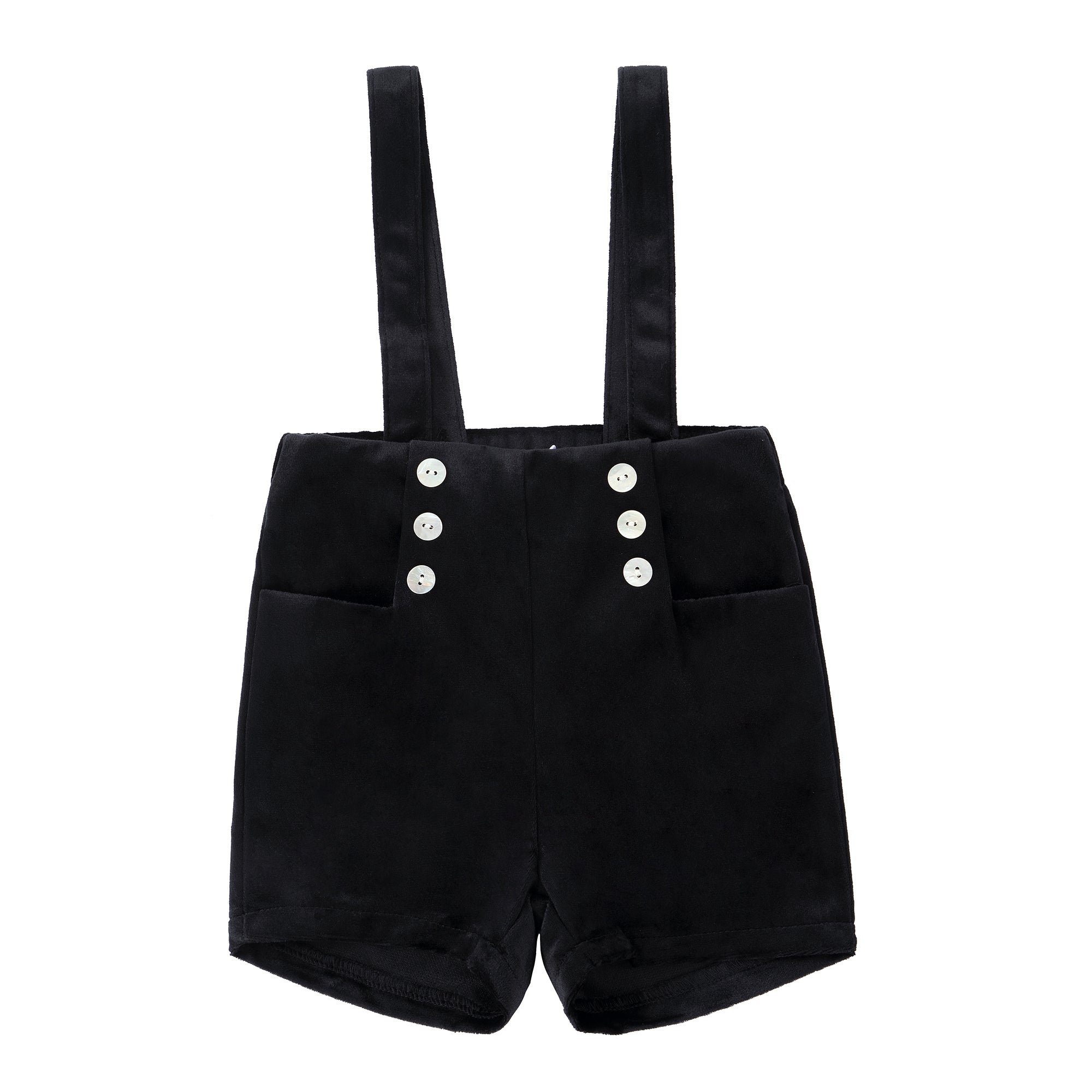 Black Velvet Suspender Shorts With Ivory Buttons