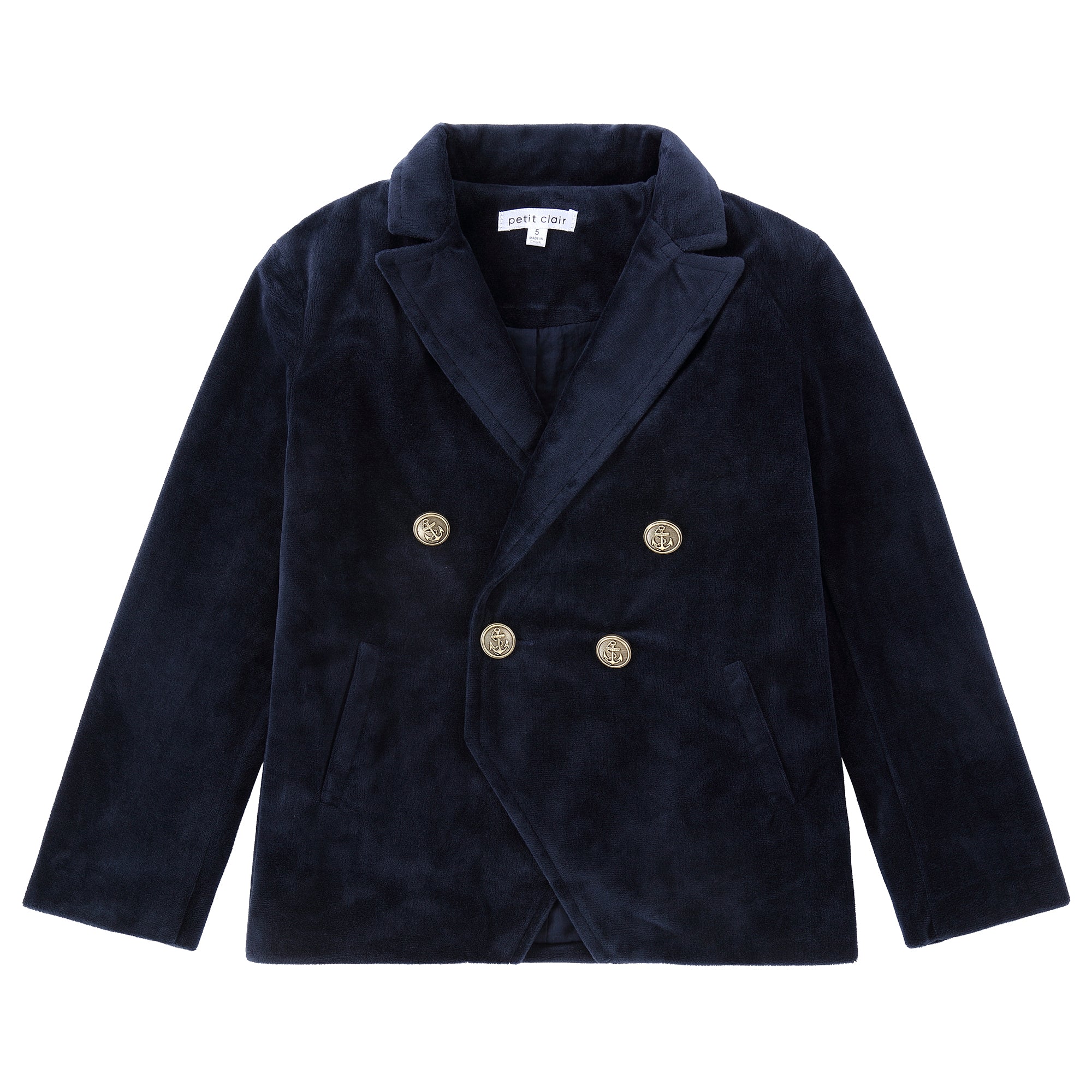 Navy Velvet Double Breasted Blazer With Gold Buttons