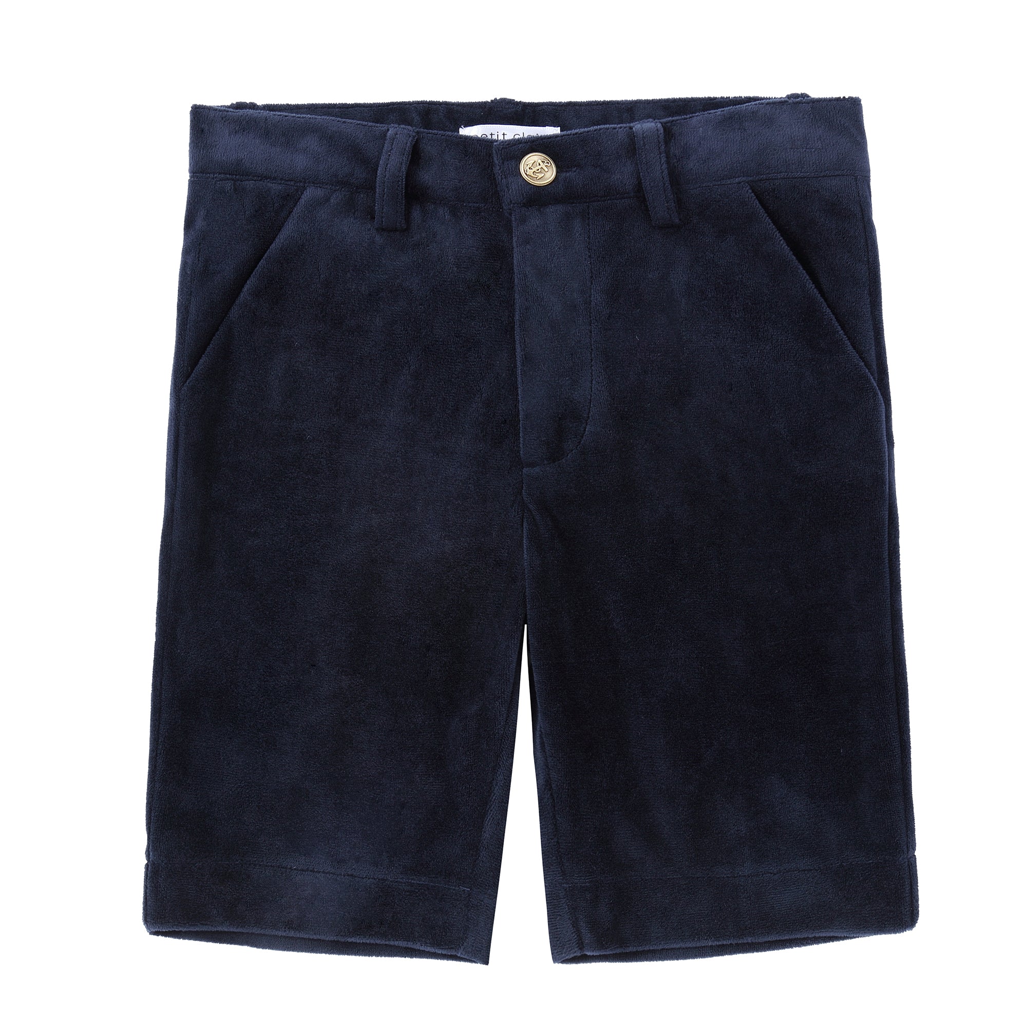 Navy Velvet Shorts With Gold Buttons