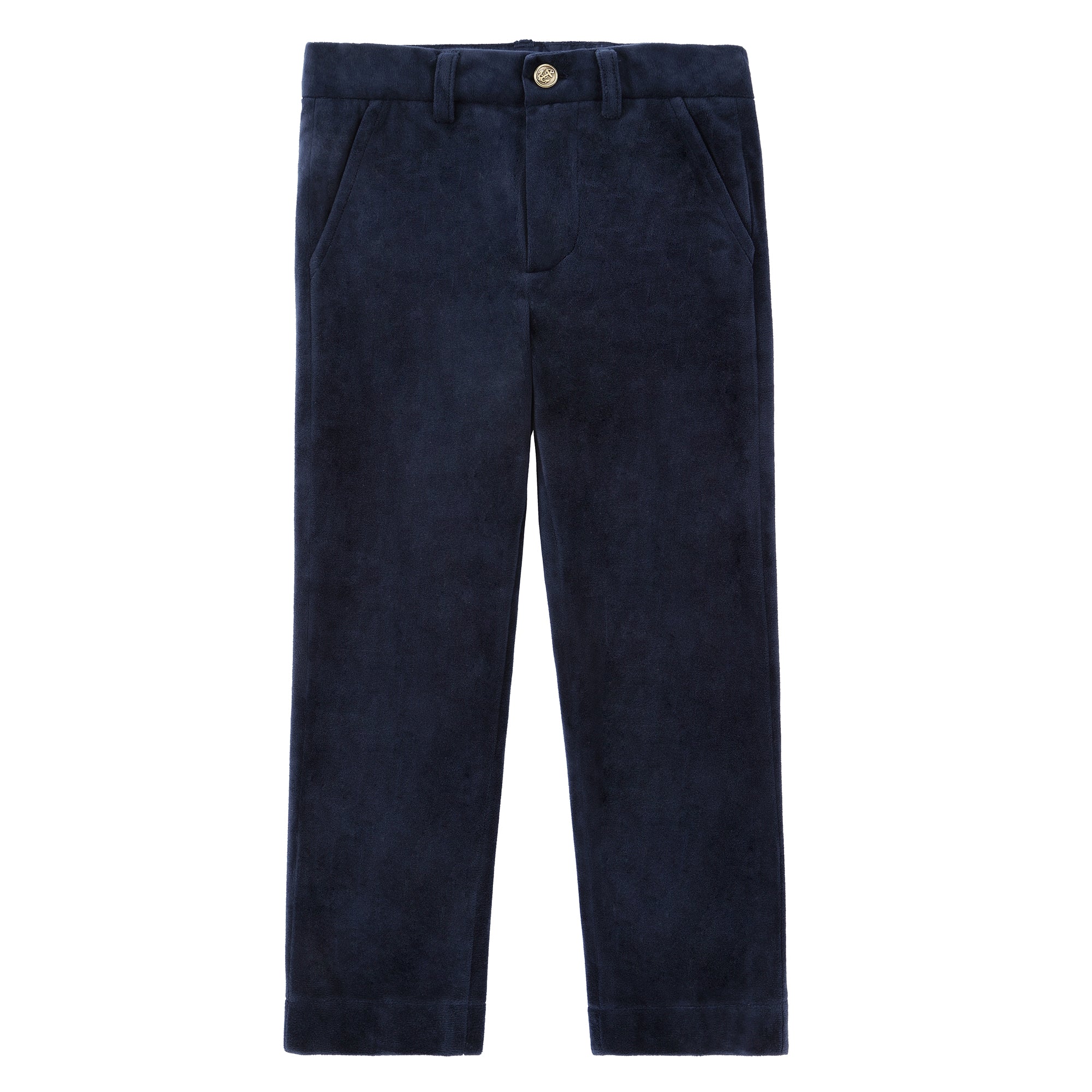 Navy Velvet Pants With Gold Buttons