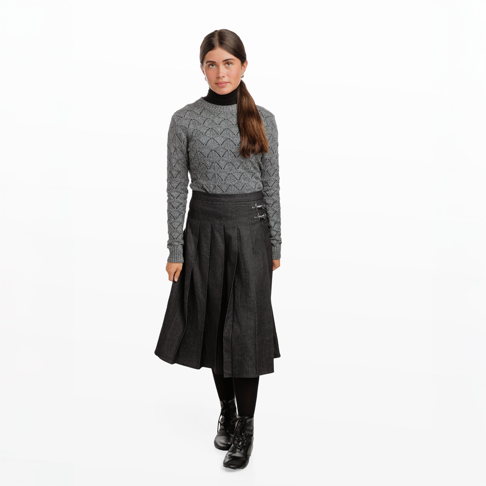 Black Denim Wide Pleated Skirt