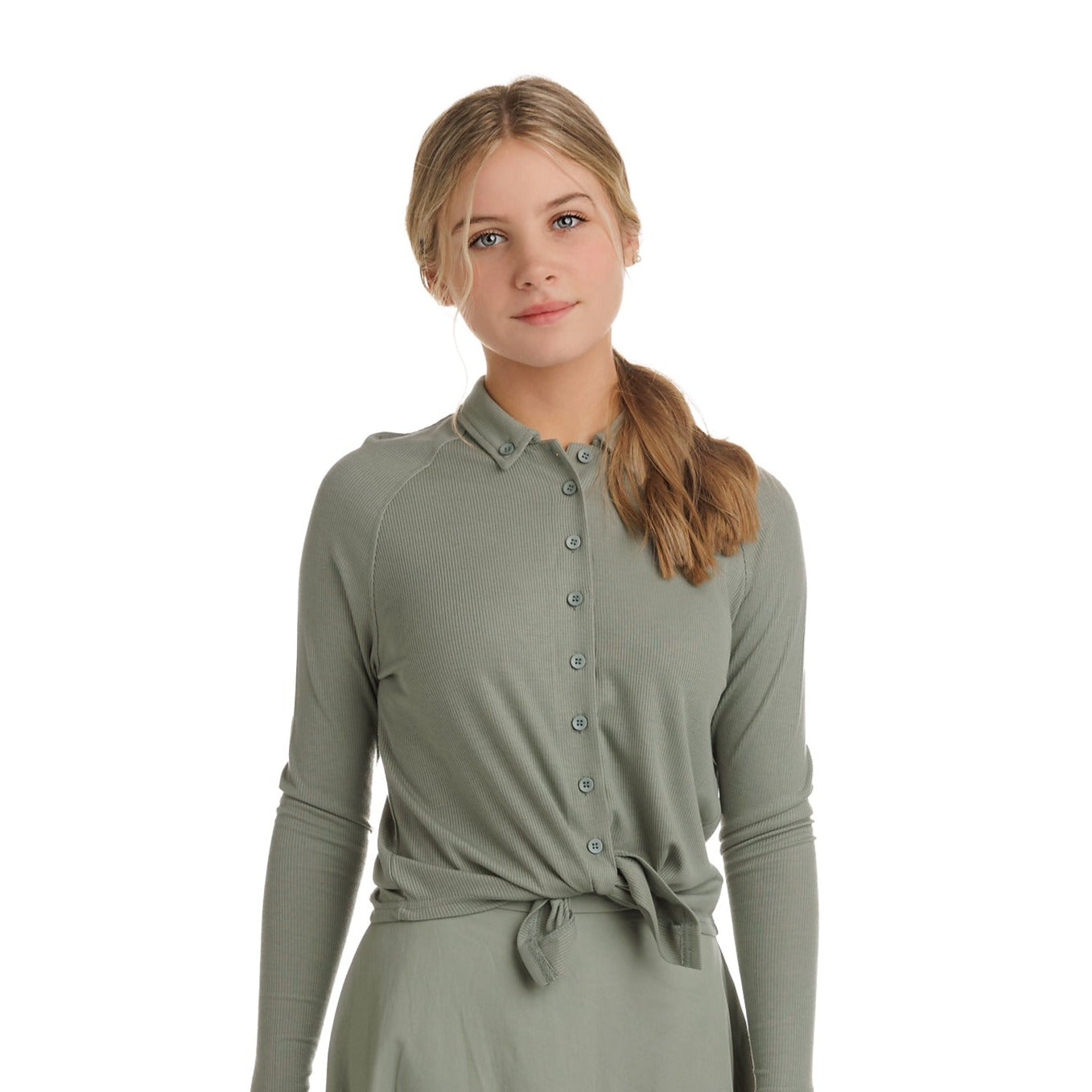 Sage Button Down Ribbed Top