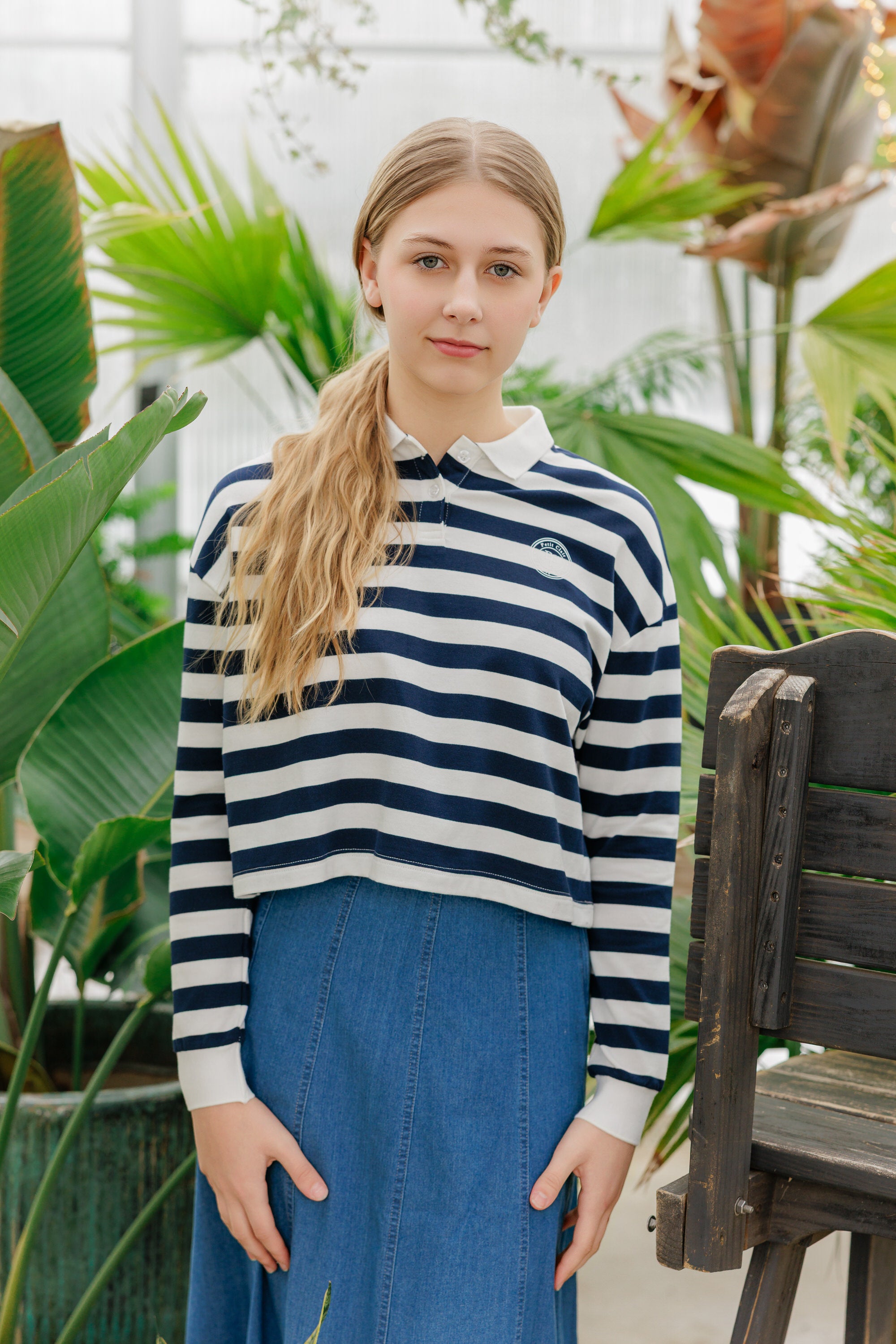 Teens White & Black Striped Cropped Polo