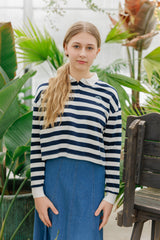 Teens White & Black Striped Cropped Polo