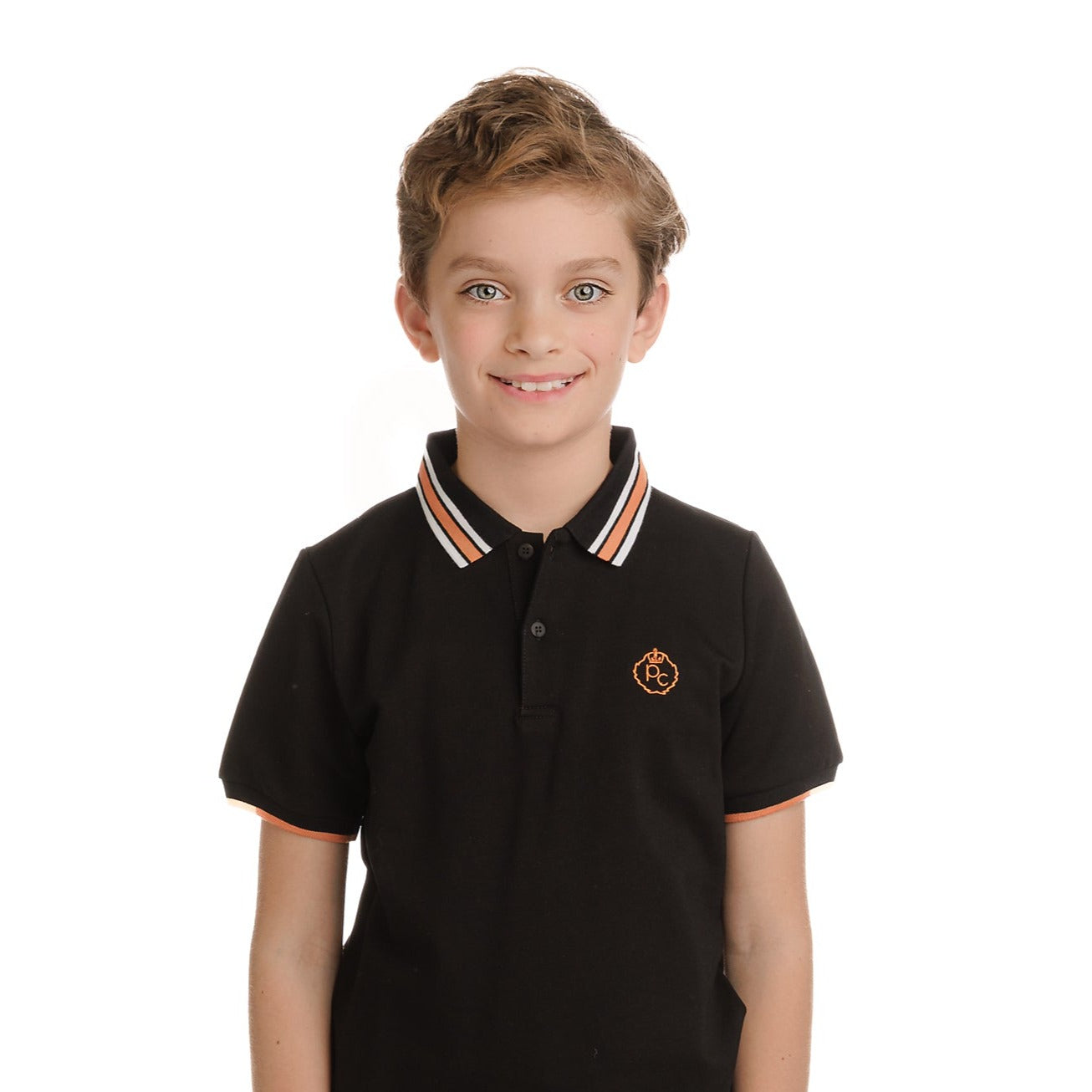 Black Short Sleeve Polo With Orange and White Accents