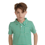 Green and White Stripe Short Sleeve Polo With Patch Pocket