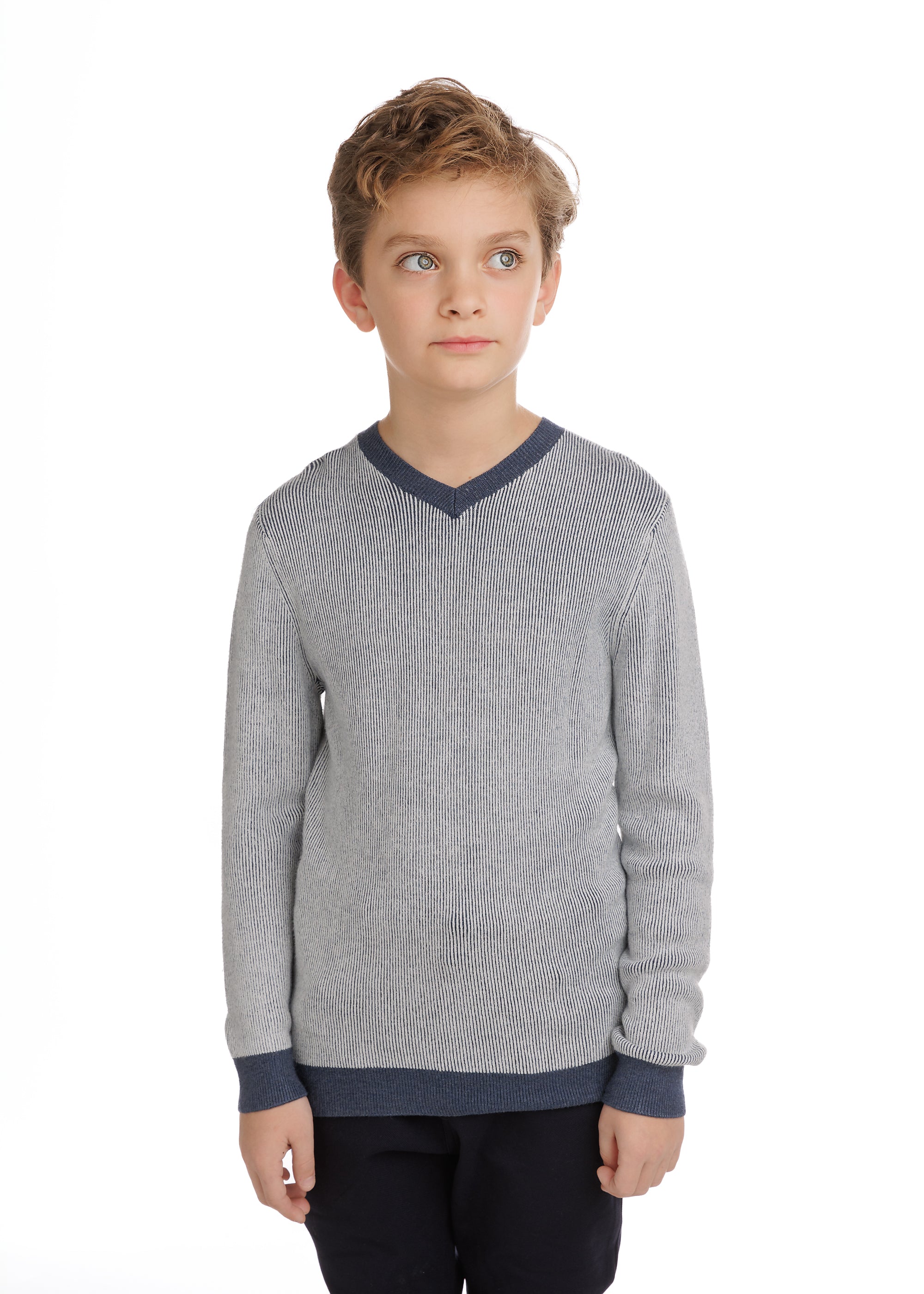 Blue and White Ribbed Stripe V-Neck Long Sleeve Sweater