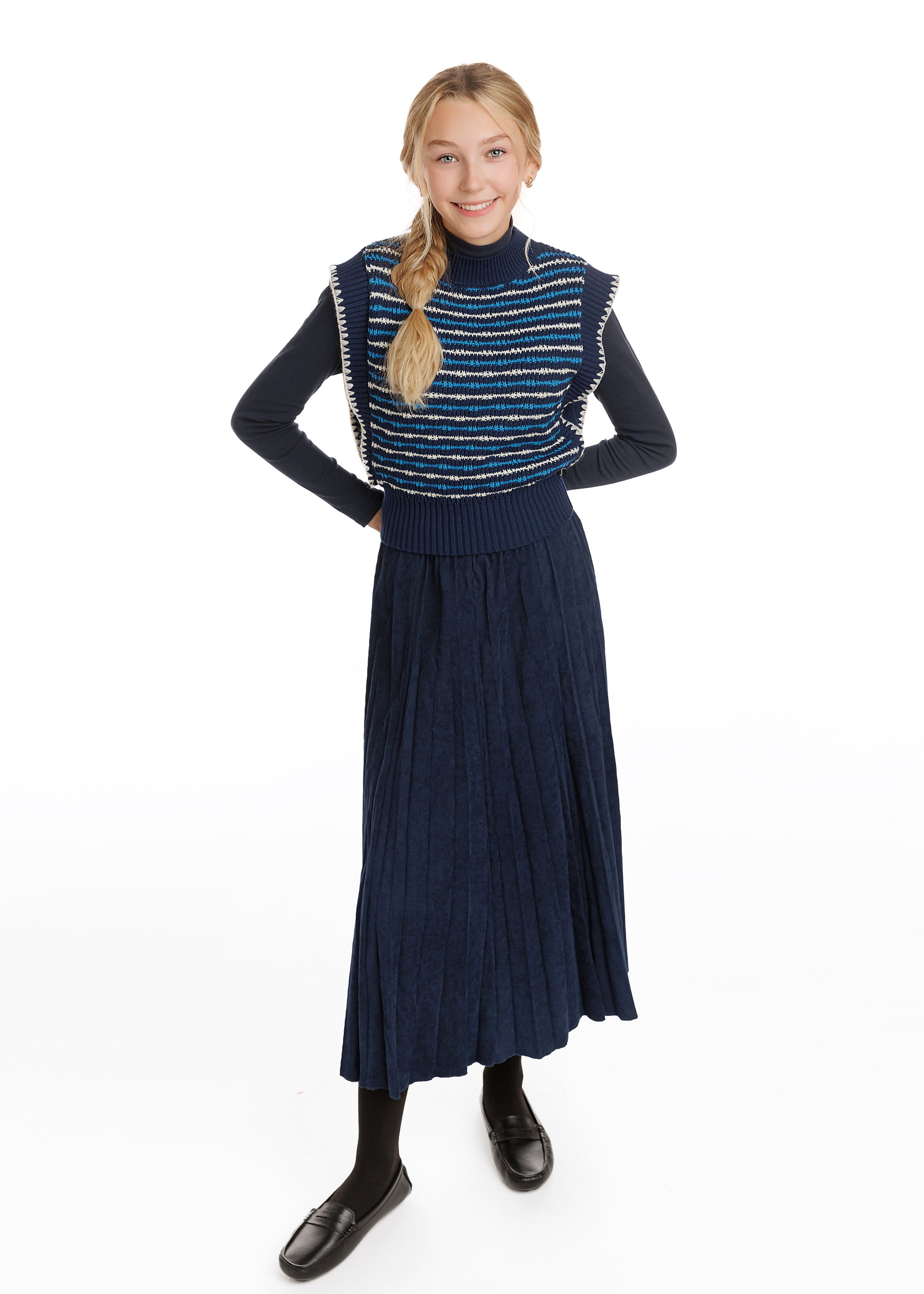 Blue Corduroy Midi Sunburst Pleated Skirt