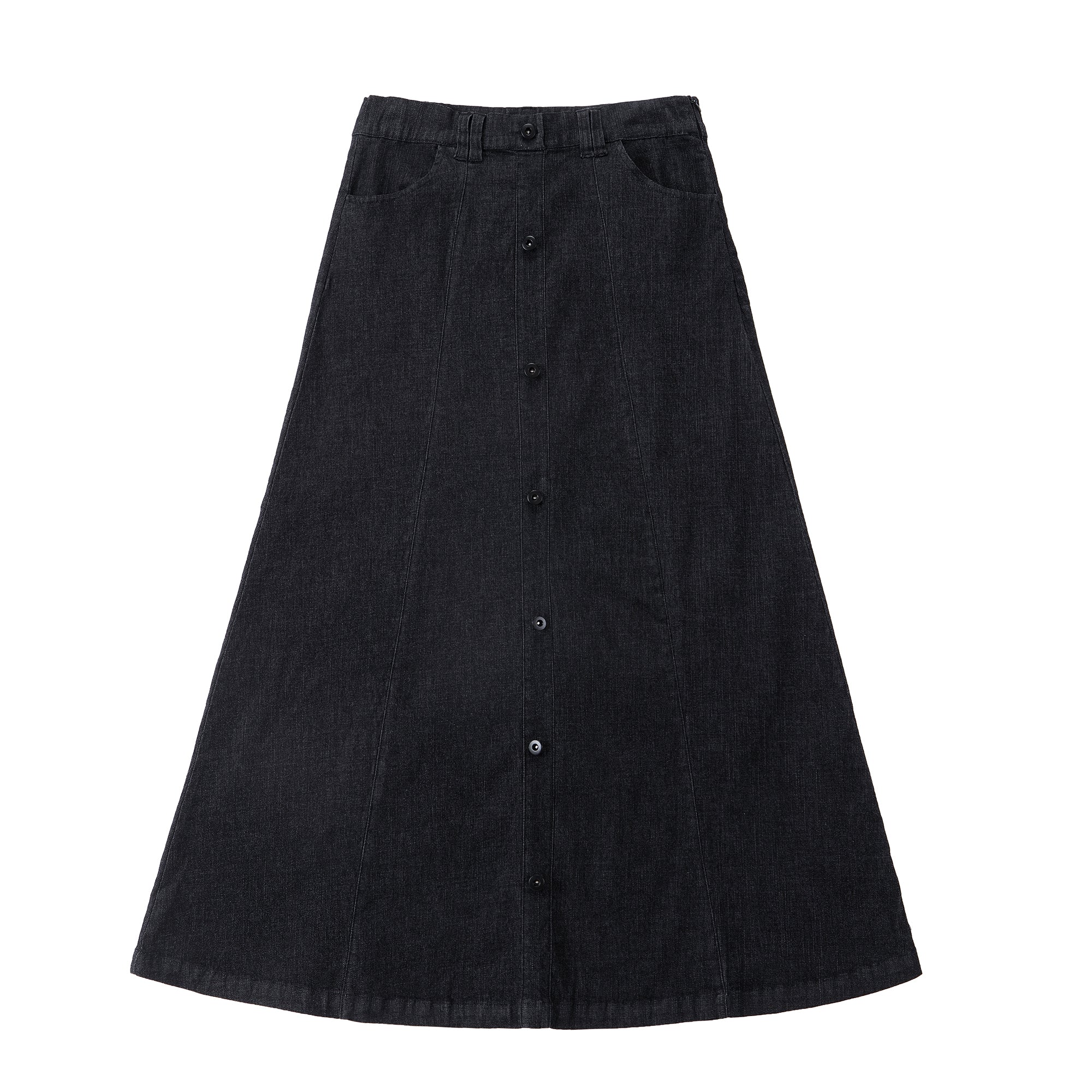 Black Denim Maxi Skirt With Button Front