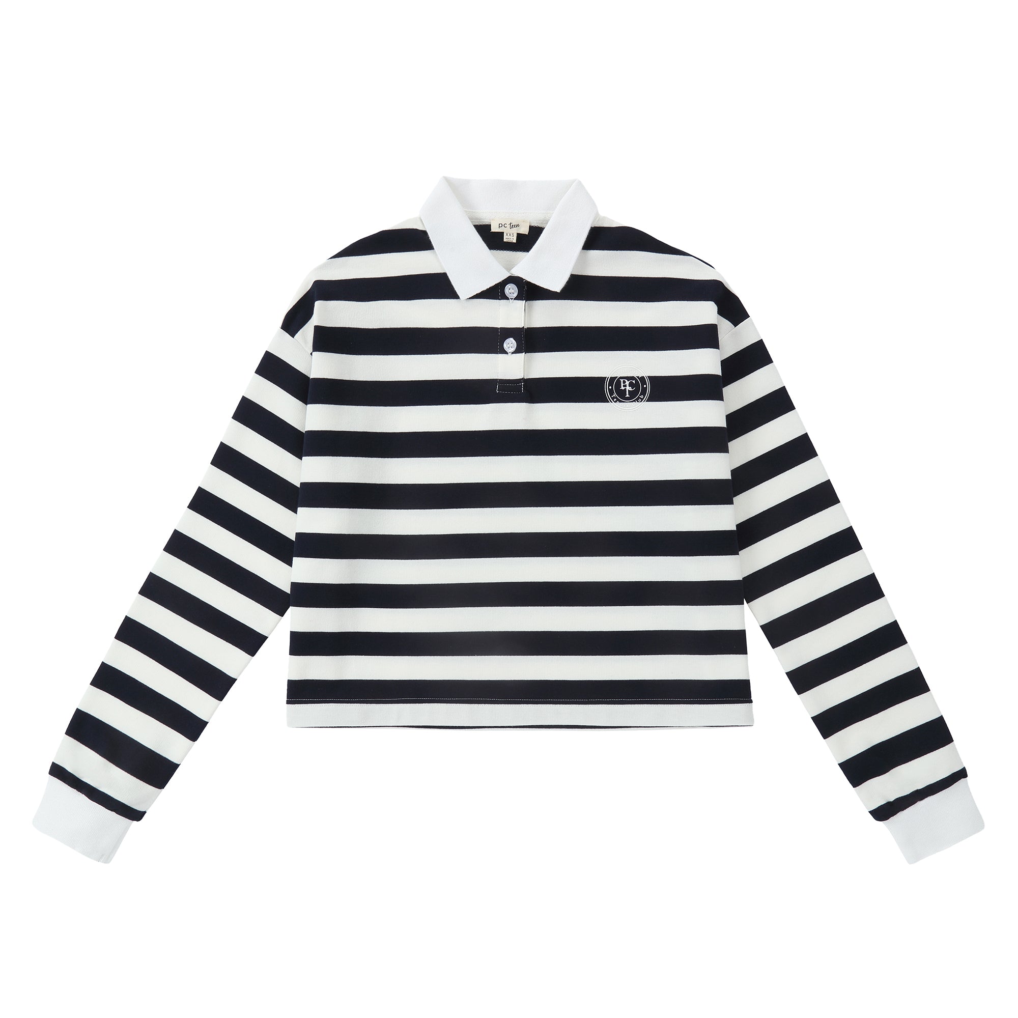 Teens White & Black Striped Cropped Polo