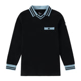 Black V-Neck Long Sleeve Polo With Light Blue Accents