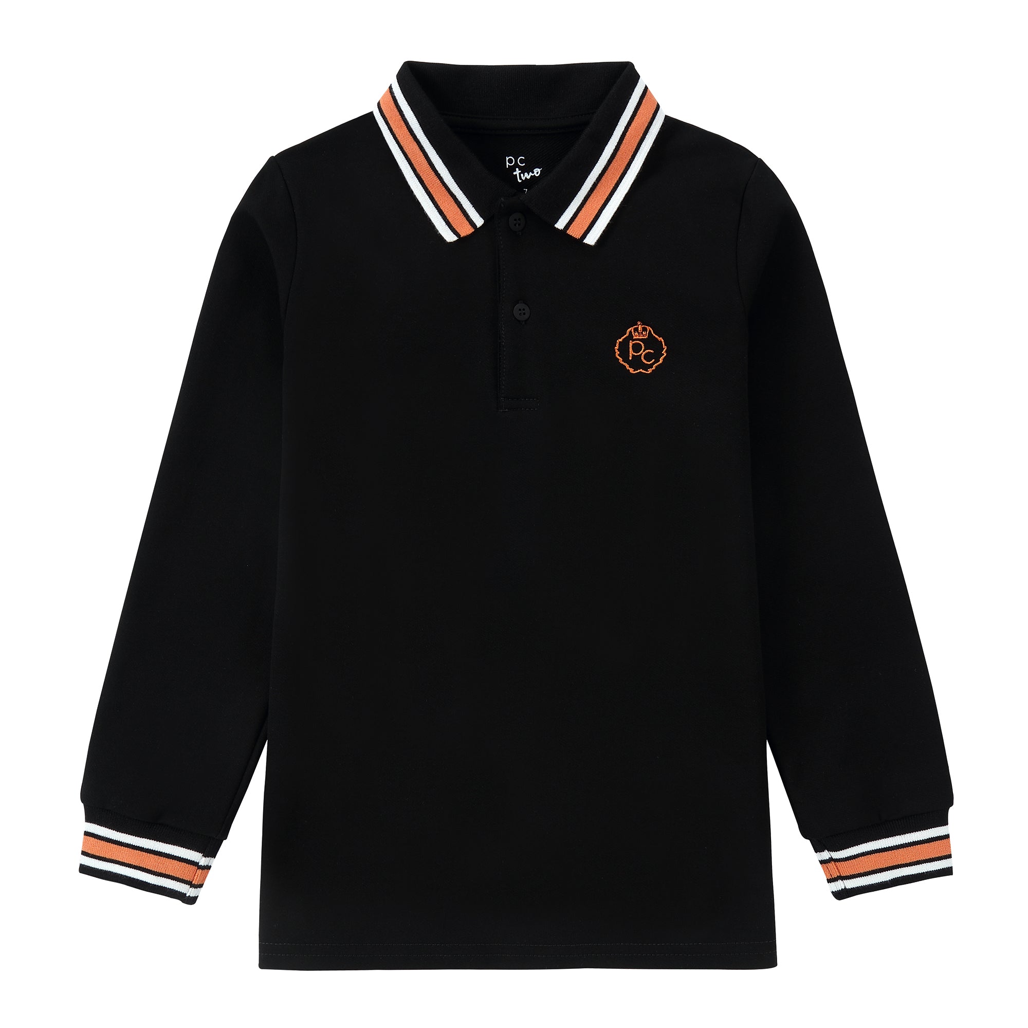 Black Long Sleeve Polo With Orange and White Accents