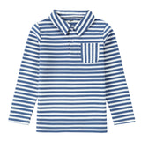 Blue and White Stripe Long Sleeve Polo With Patch Pocket