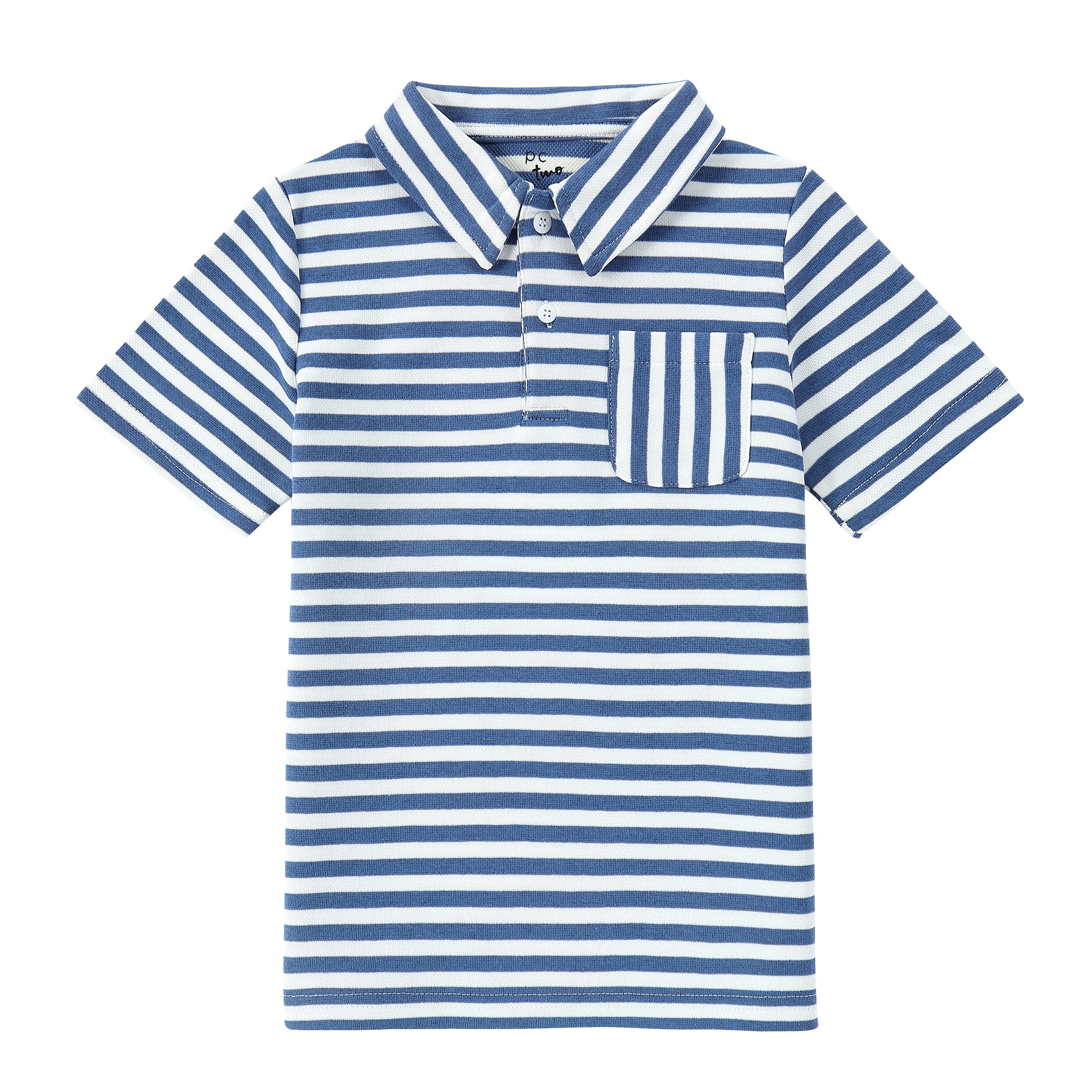 Blue and White Stripe Short Sleeve Polo With Patch Pocket