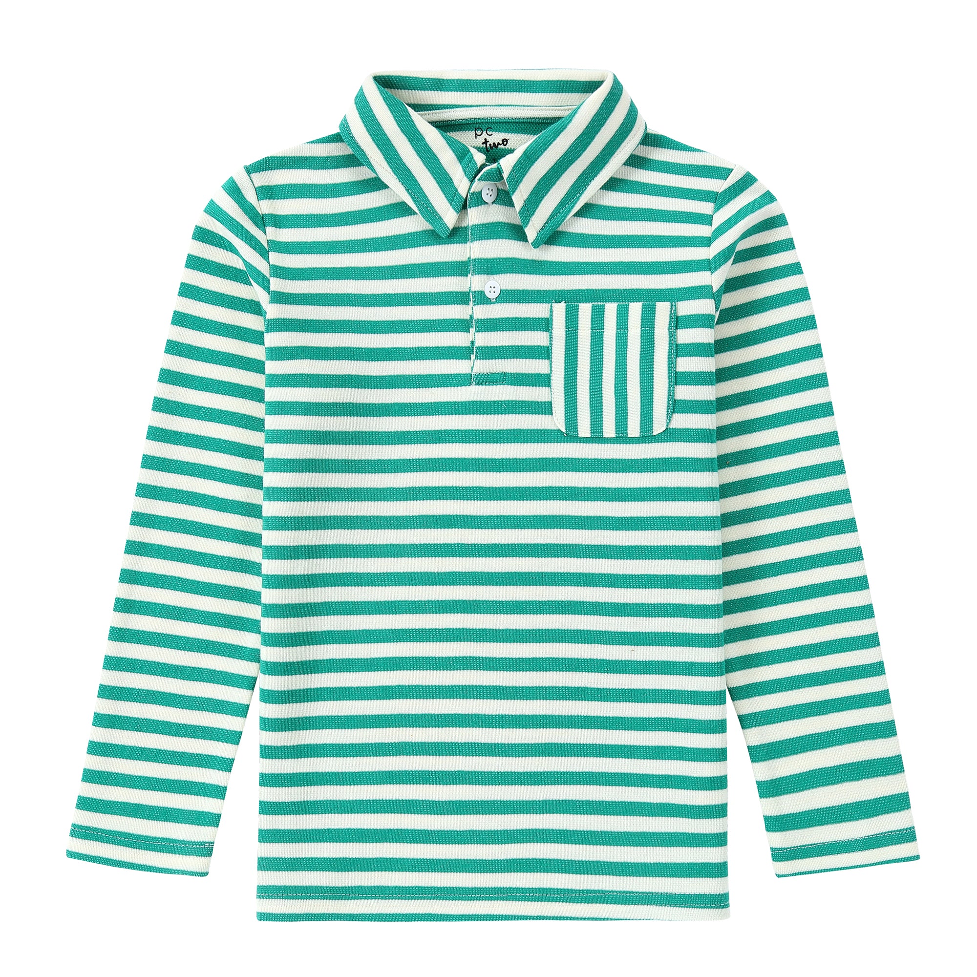 Green and White Stripe Long Sleeve Polo With Patch Pocket