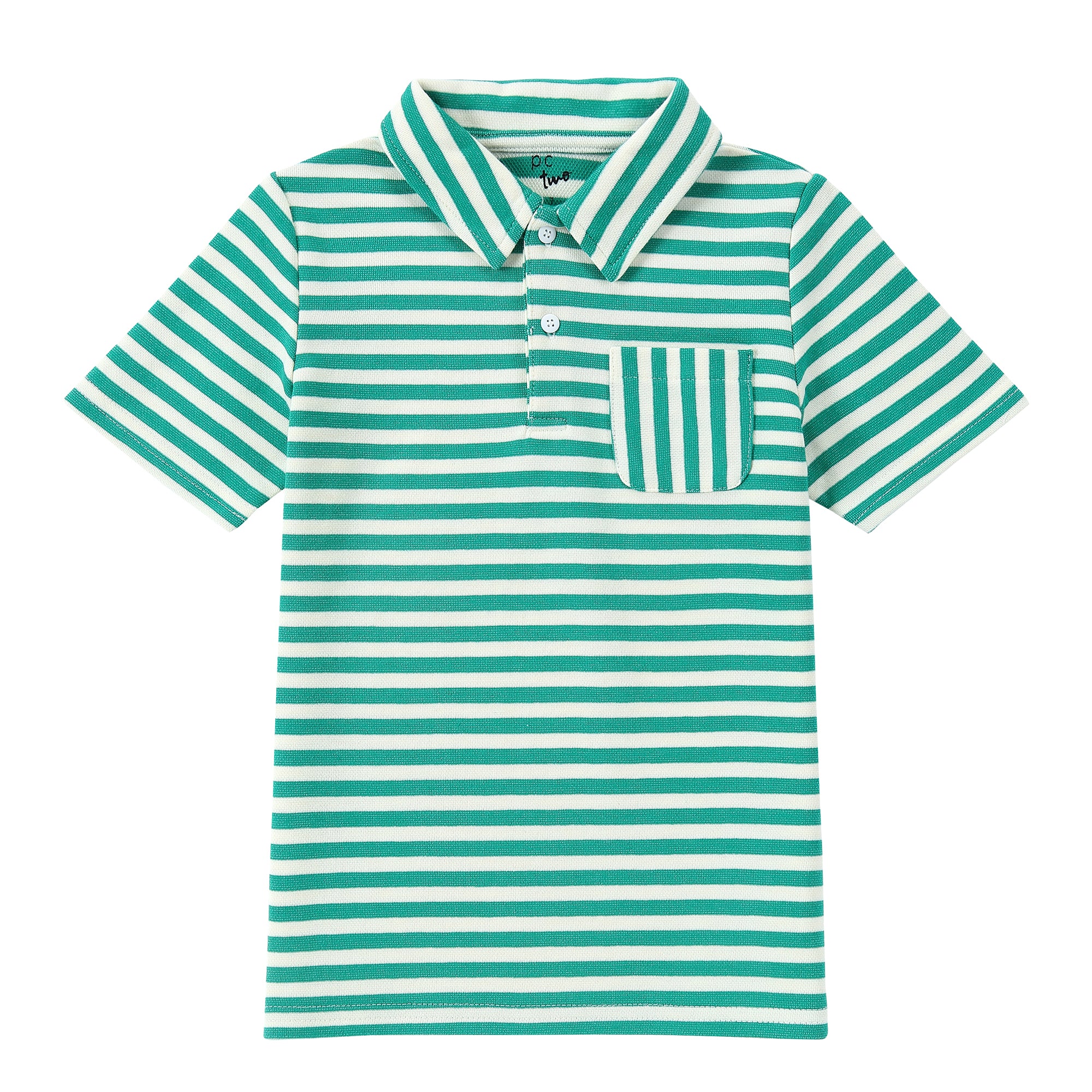 Green and White Stripe Short Sleeve Polo With Patch Pocket