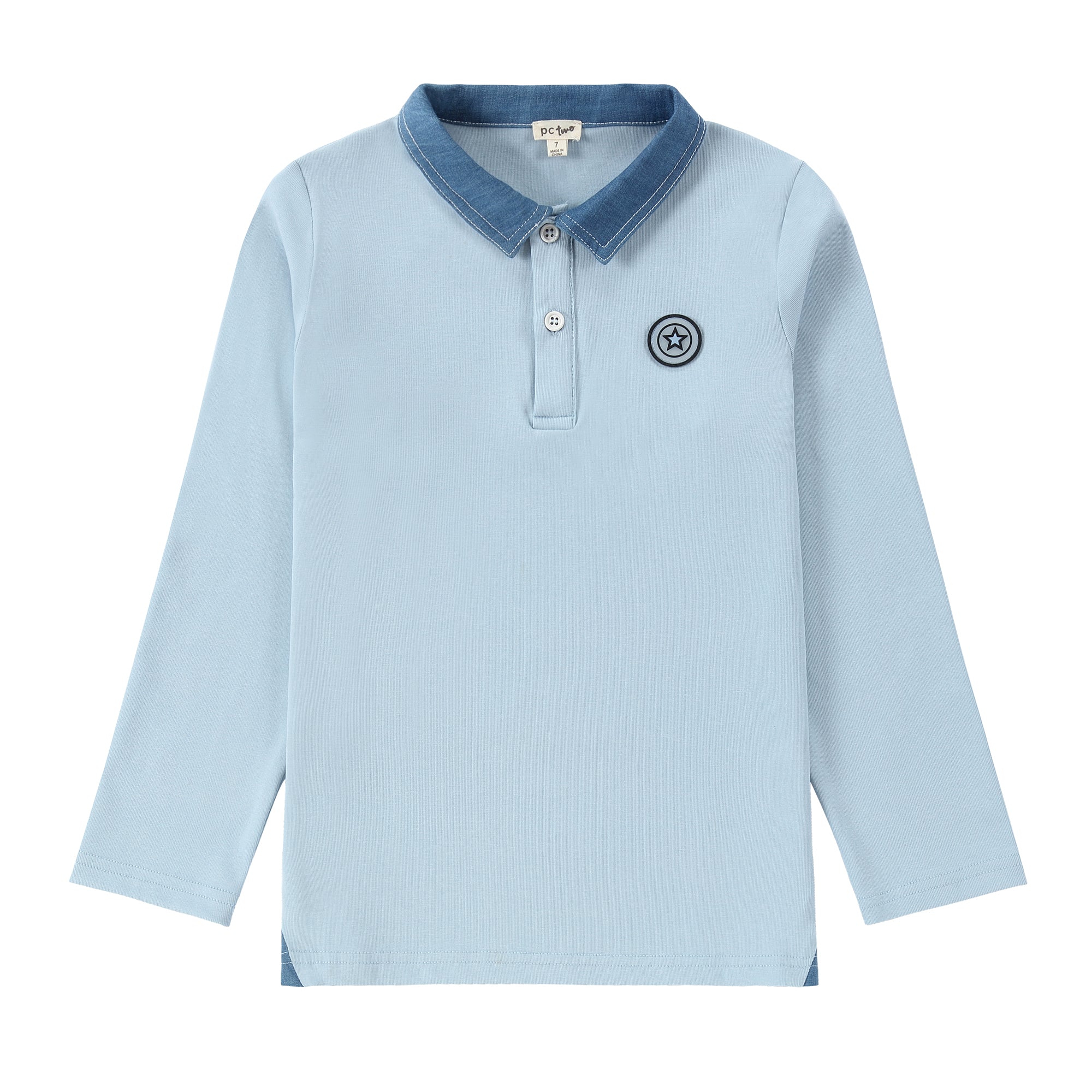 Light Blue Long Sleeve Polo With Denim Accent