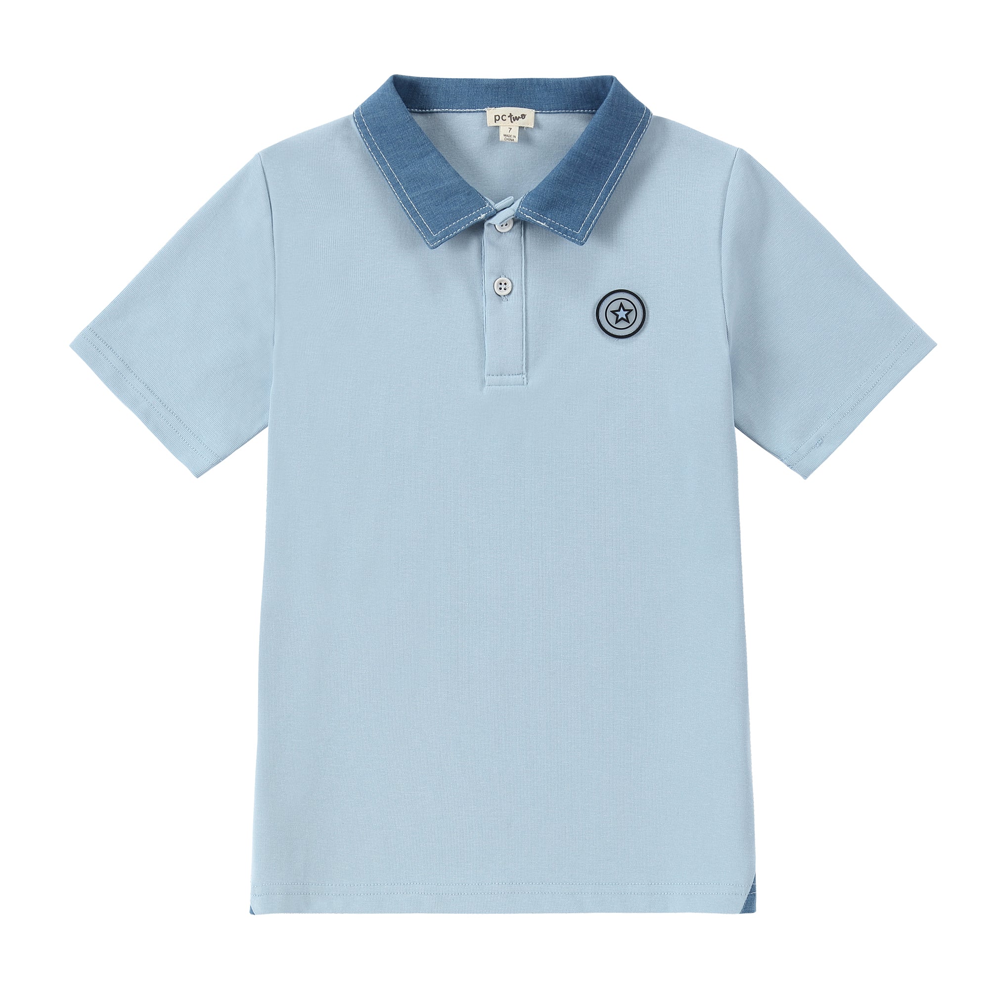 Light Blue Short Sleeve Polo With Denim Accent