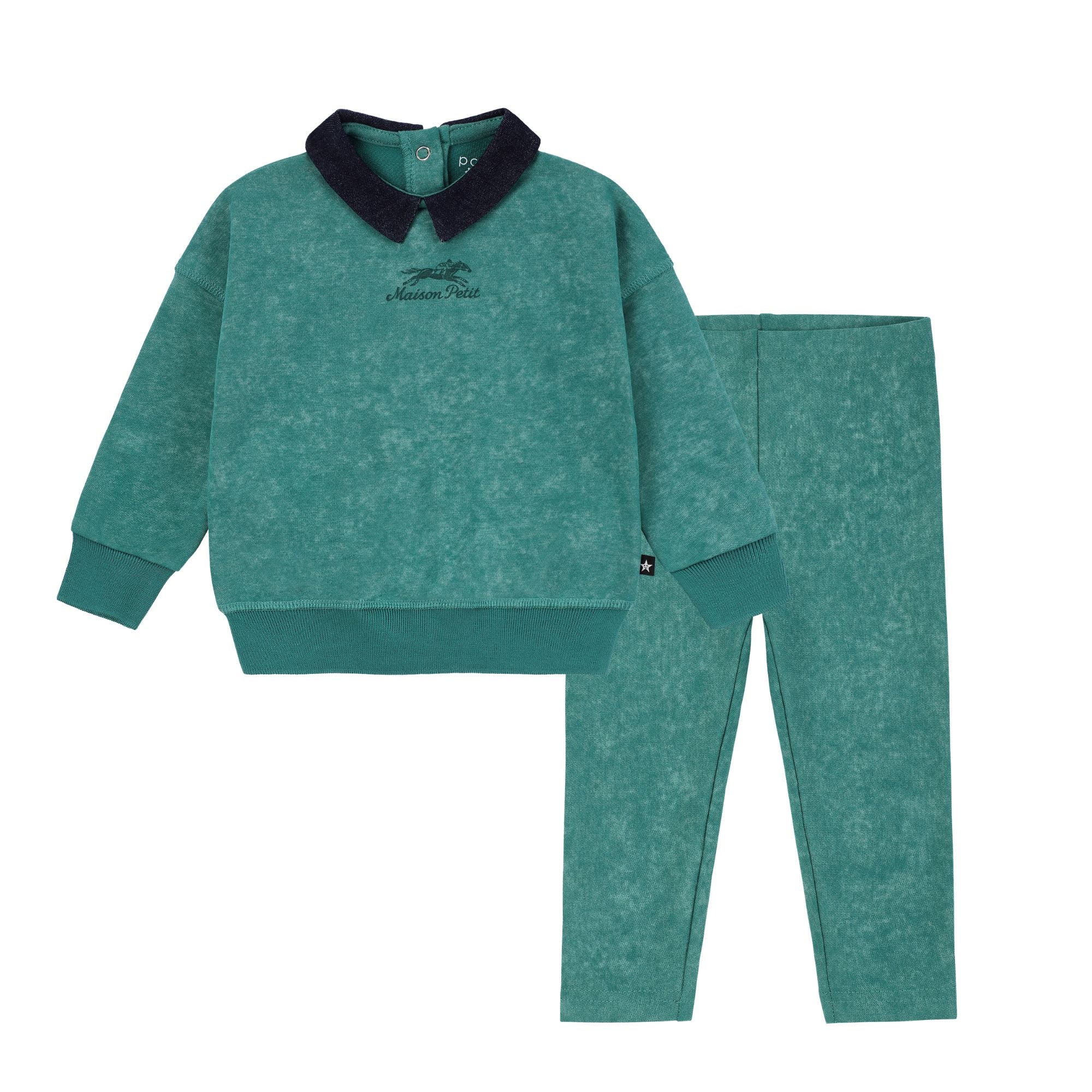 Baby Boys Green Wash Race Horse Sweatshirt with Denim Collar Set