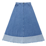 Denim Colorblock Maxi Skirt With Fray Detail